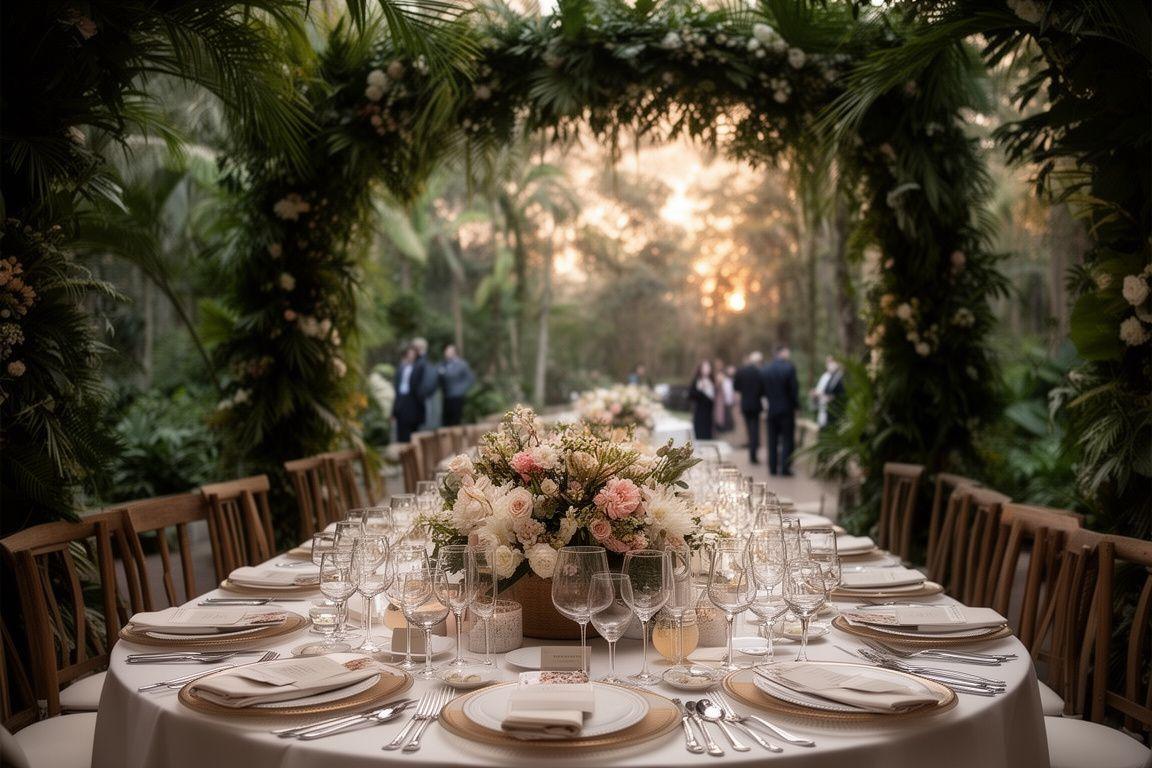 Boda temática con decoración tropical y mesa elegante